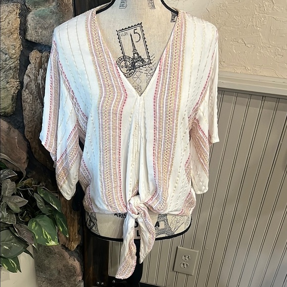 lovestitch Tops - Lovestitch White and Pink Dolman Sleeve Tie-Front Blouse